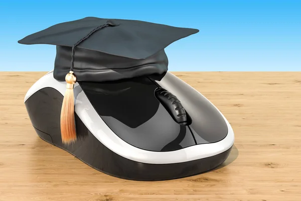Conceito de educação on-line, mouse computador com tampa de graduação em — Fotografia de Stock