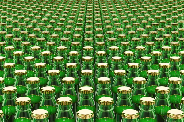 Hintergrund aus Glas-Bierflaschen, 3D-Rendering — Stockfoto