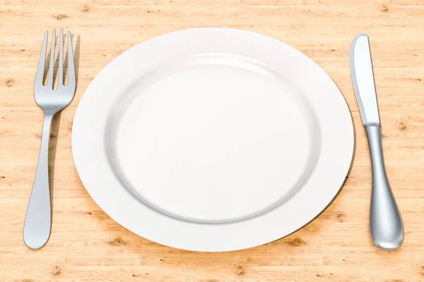 Άδειο πιάτο με μαχαίρι και πιρούνι πάνω στο ξύλινο τραπέζι, 3d renderin — Φωτογραφία Αρχείου