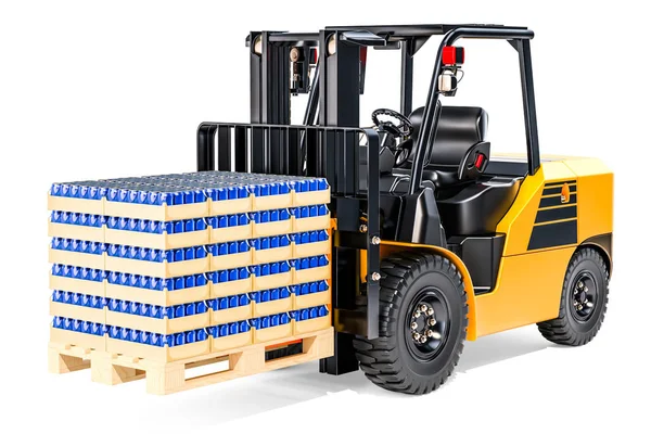 Forklift truck with wooden pallet full of drink metallic cans in — Stock Photo, Image