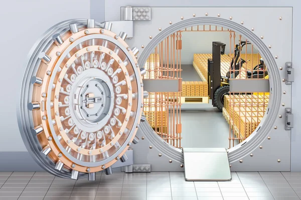 Open Bank Vault with golden ingots and forklift truck inside, 3D — Stock Photo, Image