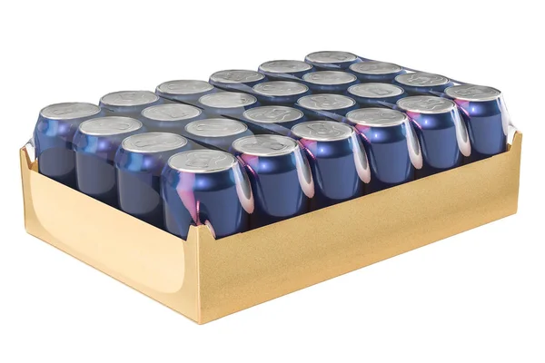 Balení kovové nápoje plechovky v smršťovací fólie, vykreslování 3d objektů — Stock fotografie