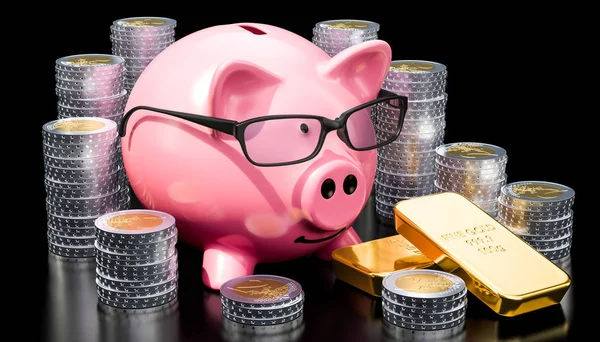 Piggy bank with golden coins and gold ingots, 3D rendering — Stock Photo, Image