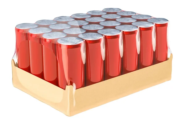 Красные металлические банки для напитков в термоусадочной пленке, 3D рендеринг — стоковое фото
