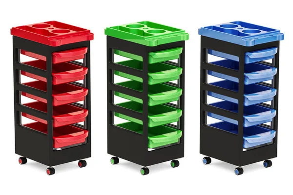 Set farbiger Aufbewahrungswagen mit Schubladen, 3D-Rendering — Stockfoto