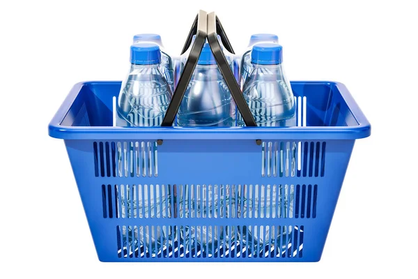 Warenkorb mit Kunststoff-Wasserflaschen in Schrumpffolie, 3d re — Stockfoto