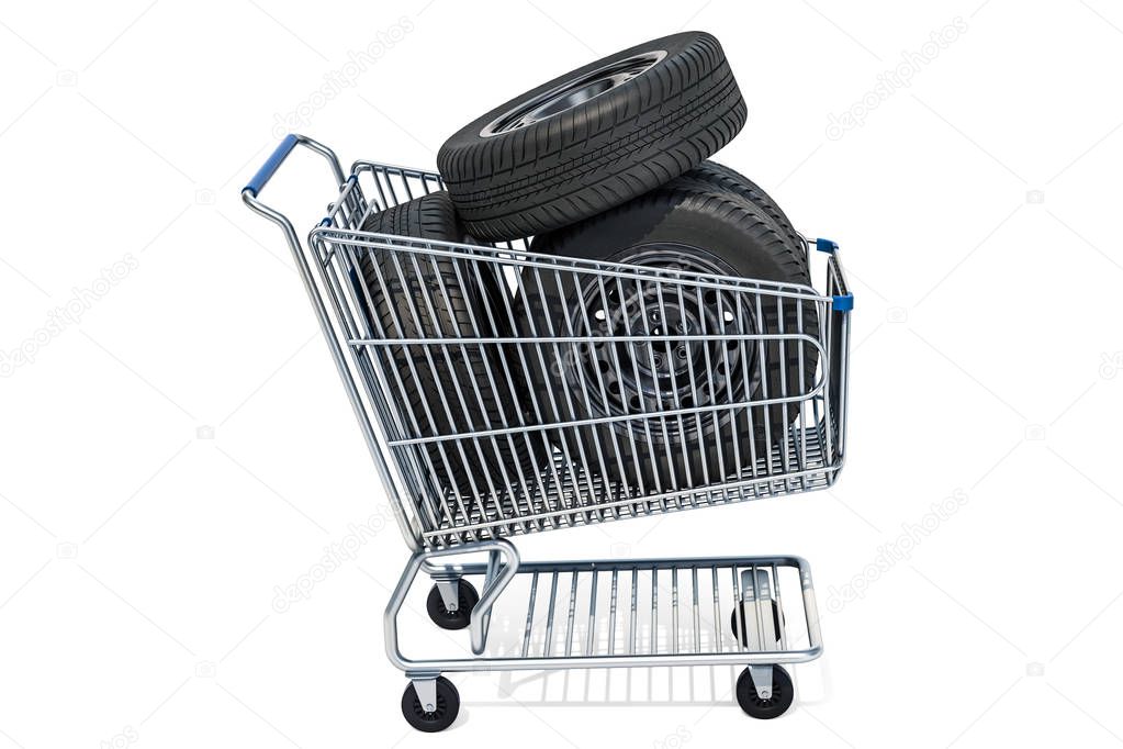 Shopping cart with car wheels, 3D rendering