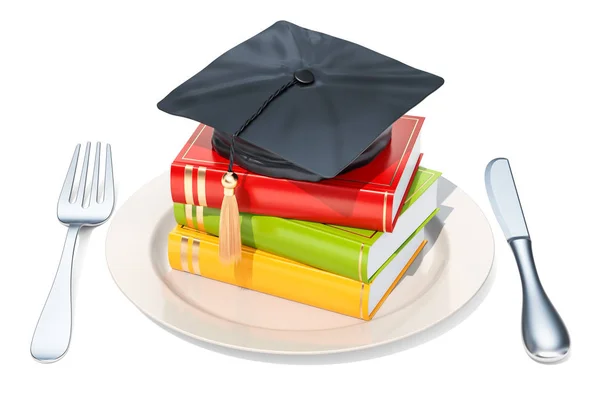 Placa con gorra de graduación y libros. Renderizado 3D —  Fotos de Stock