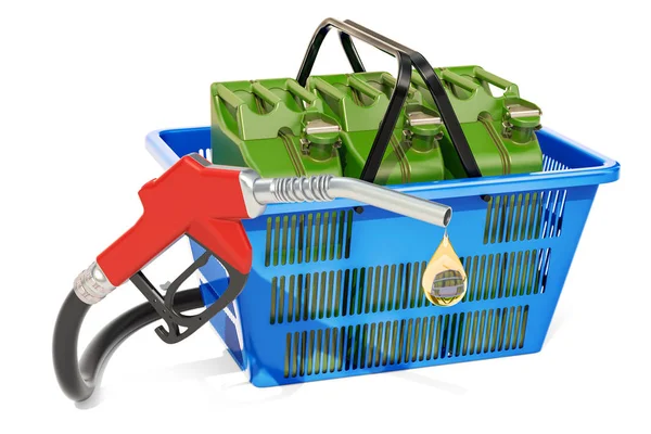 Shopping basket with fuel pump nozzle and jerrycans, 3D renderin — Stock Photo, Image