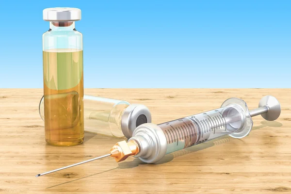 Syringe and vials on the wooden table,  3D rendering — Stock Photo, Image