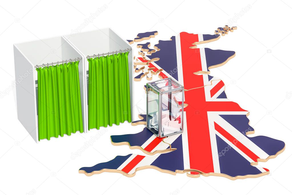 British election concept, ballot box with voting booths on map o