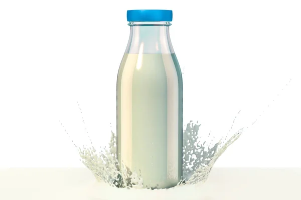 Botol susu dengan percikan, render 3D — Stok Foto