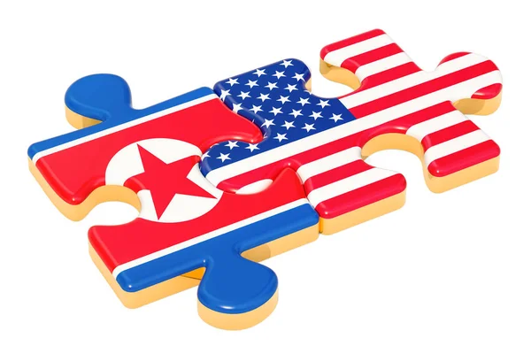 Usa i Korea Północna puzzle z flagi, renderowania 3d — Zdjęcie stockowe