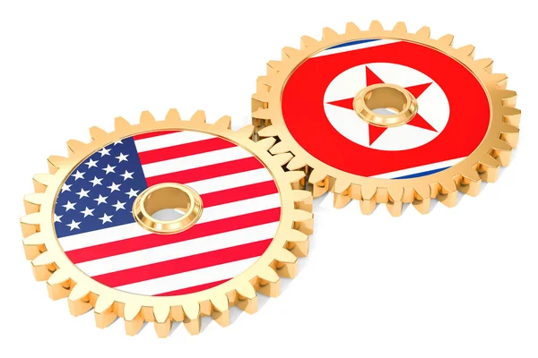 Corea del Norte y Estados Unidos concepto de relaciones, banderas en un engranaje —  Fotos de Stock