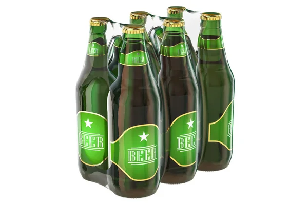 Упаковка стеклянных бутылок пива в термоусадочной пленке, 3D рендеринг — стоковое фото