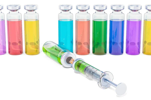 Seringa com frascos, pesquisa ou escolha do conceito de vacina, 3D rend — Fotografia de Stock