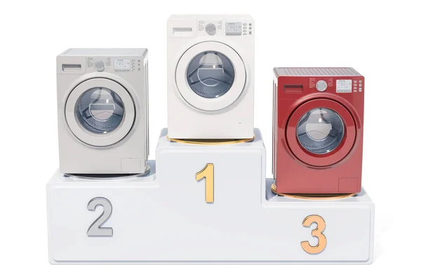 Washing machine ratings concept. Winners podium with washers, 3D — Stock Photo, Image