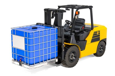 Forklift kamyon mavi orta hacim konteyner, 3d render ile