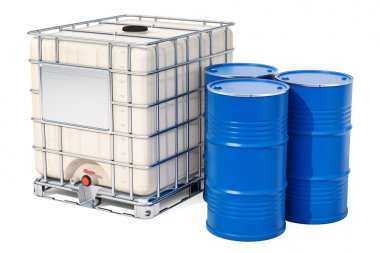 Intermediate bulk container with metallic barrels, 3D rendering isolated on white background clipart