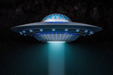 Ufo uzayda uçan gelen ışık demeti. 3D render