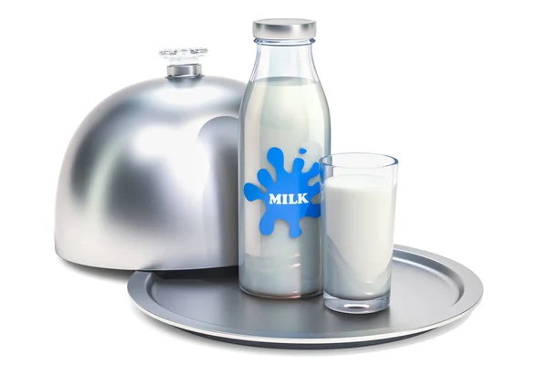 Restaurant Cloche Met Fles Melk Een Glas Melk Rendering Geïsoleerd — Stockfoto