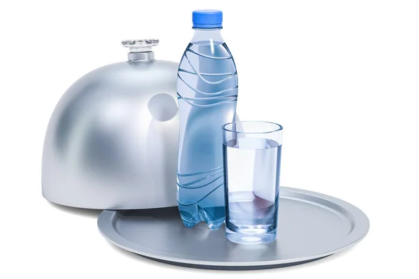 Restaurant Cloche Plastic Water Bottle Glass Water Rendering Isolated White — Stock Photo, Image