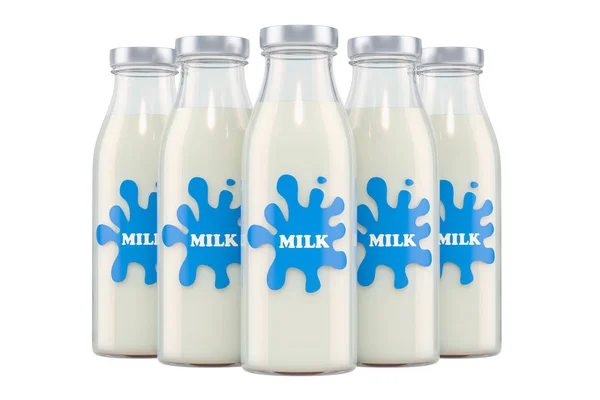 Набор Стеклянных Бутылок Молока Рендеринг Изолирован Белом Фоне — стоковое фото