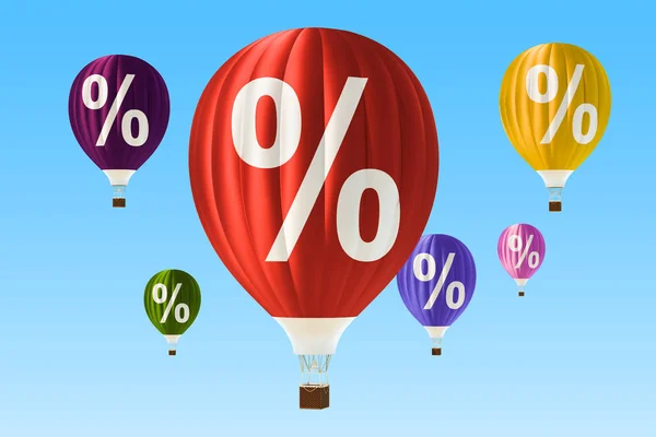 Sale and discount concept with hot air balloons. 3D rendering