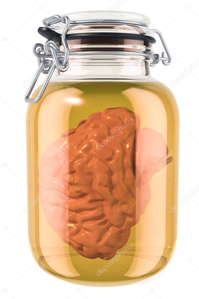 Human brain inside glass with liquid. 3D rendering isolated on white background