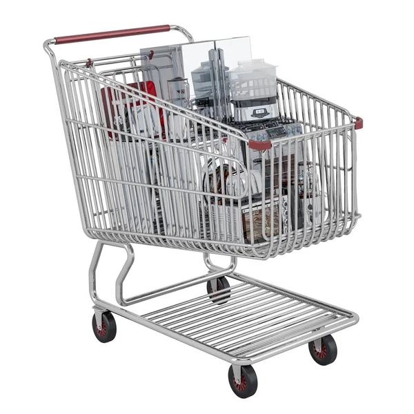 Shopping cart with home appliances, 3D rendering — Stock Photo, Image