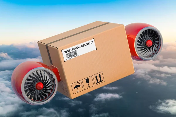 空を飛ぶジェットエンジン付きの小包。迅速な配達の概念 — ストック写真