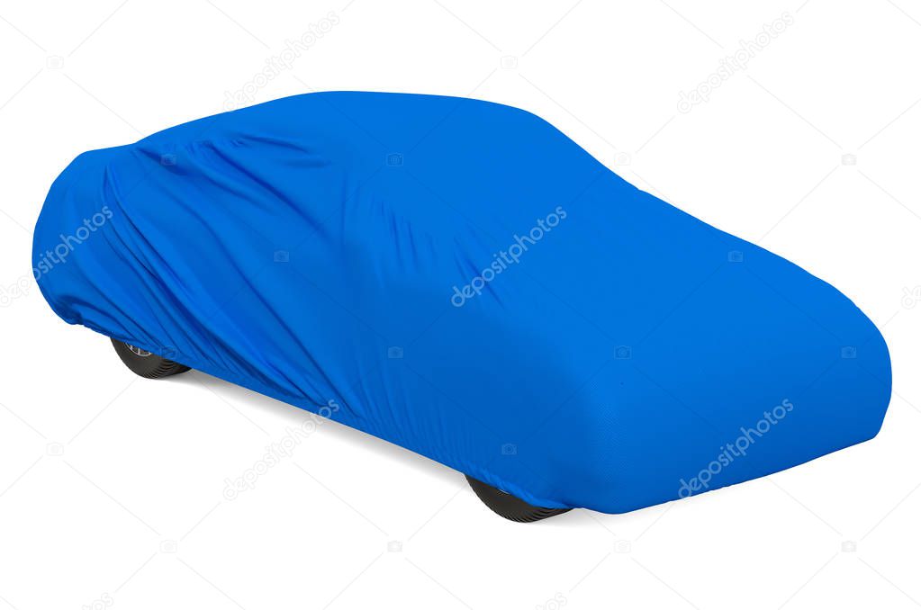 Blue car cover on the car, 3D rendering