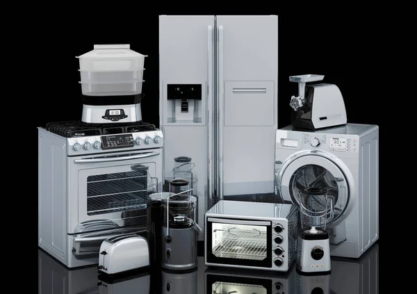 Set of kitchen and home appliances in silver color, 3D rendering — Stock Photo, Image