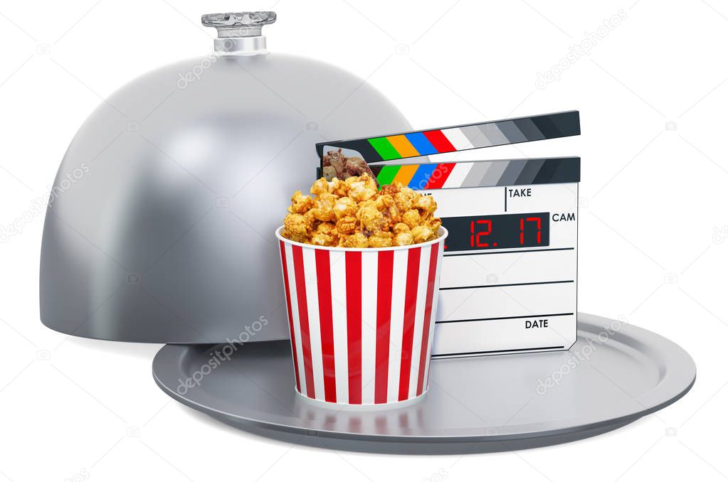 Restaurant cloche with clapperboard and popcorn container