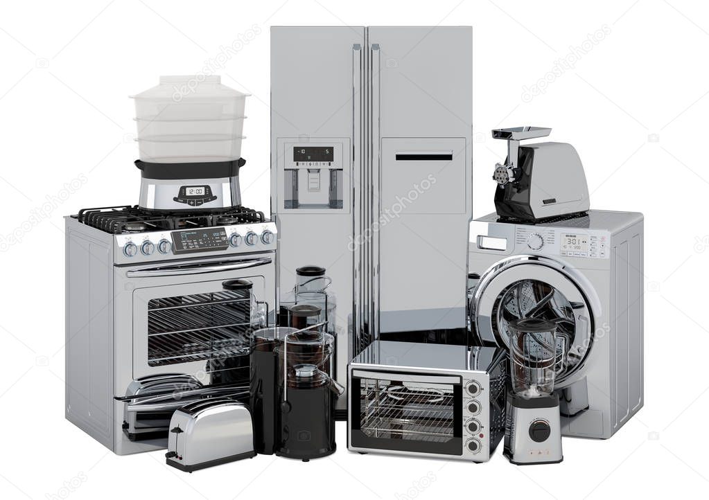 Set of kitchen and home appliances in silver color, 3D rendering