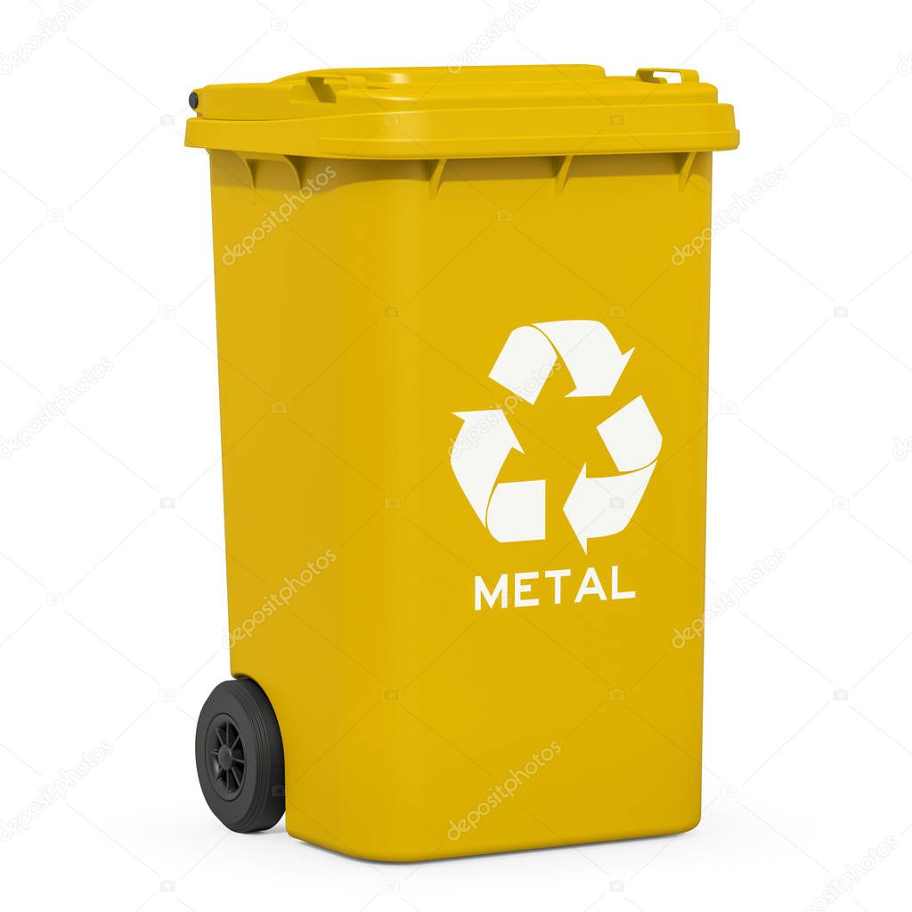 Yellow recycling trash can for metallic rubbish, 3D rendering