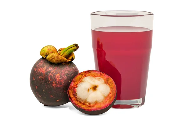 Glass of mangosteen juice with mangosteens, 3D rendering Royalty Free Stock Images