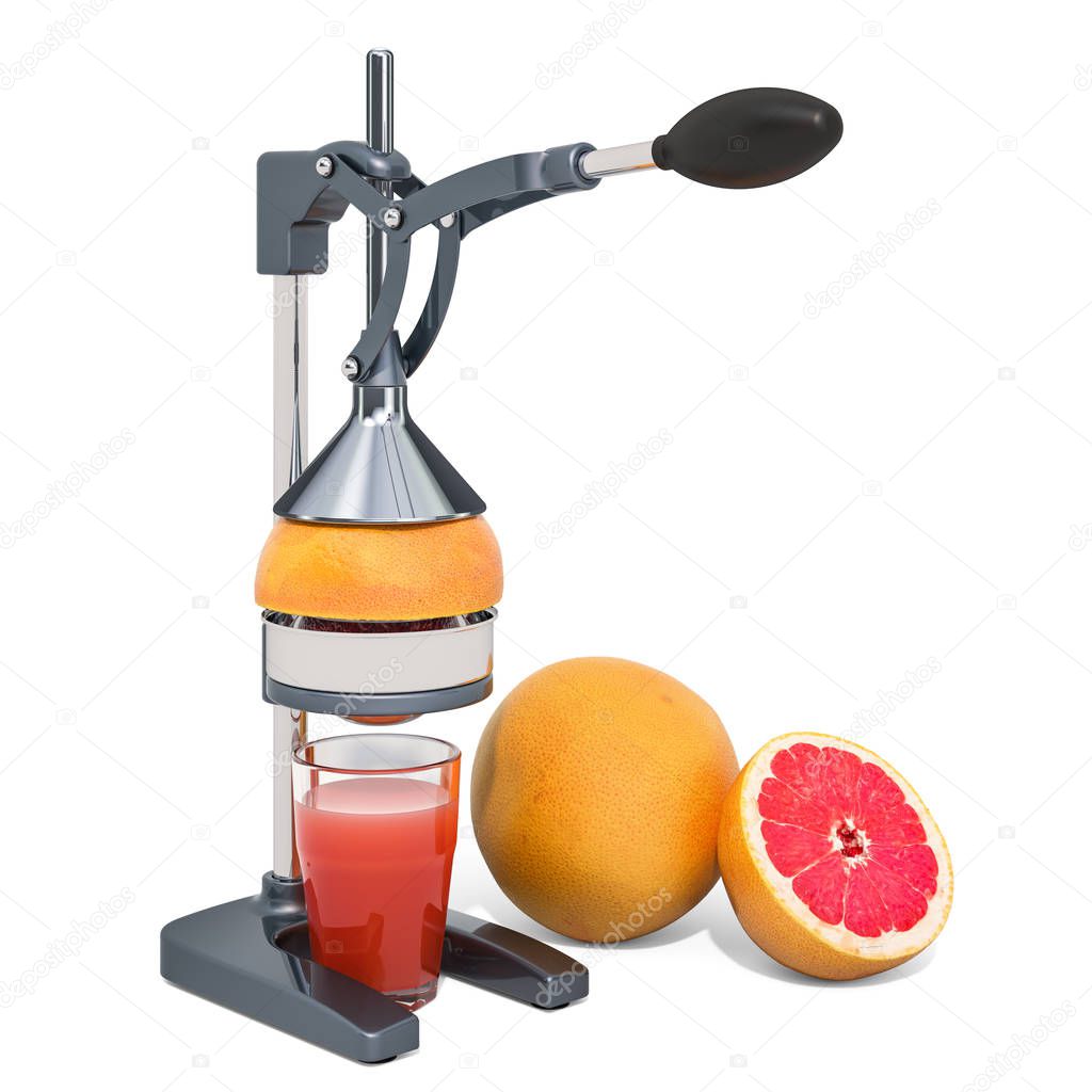 Manual citrus juicer with glass of grapefruit juice