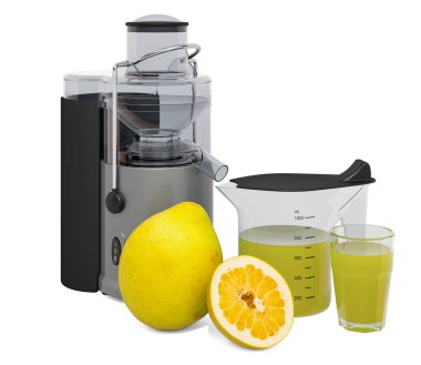 Elektrikli meyve sıkacağı ile Pomelo suyu, 3 boyutlu yorumlama.