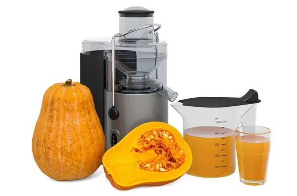 Pumpkin juice with electric juicer, 3D rendering — Stock Photo, Image