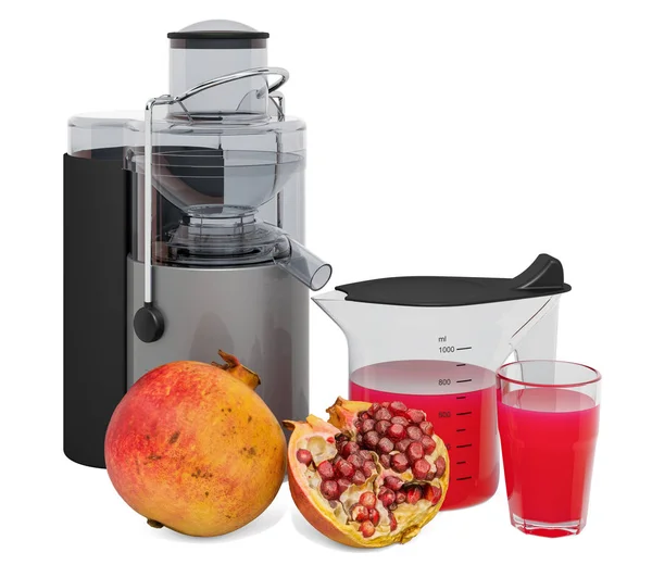 Pomegranate juice with electric juicer, 3D rendering — Stock Photo, Image