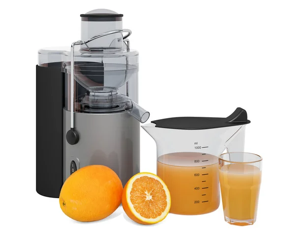 Orange juice with electric juicer, 3D rendering — Stock Photo, Image