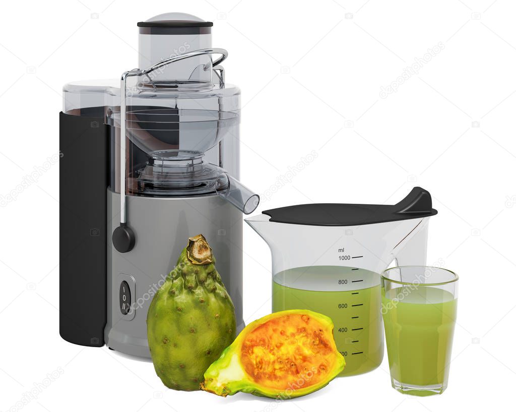 Prickly pear juice with electric juicer, 3D rendering