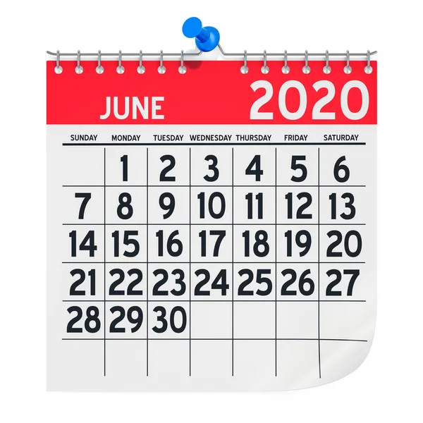 Juni 2020 monatlicher Wandkalender, 3D-Darstellung — Stockfoto