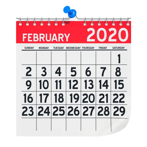 Febrero 2020 Calendario de pared mensual, renderizado 3D — Foto de Stock