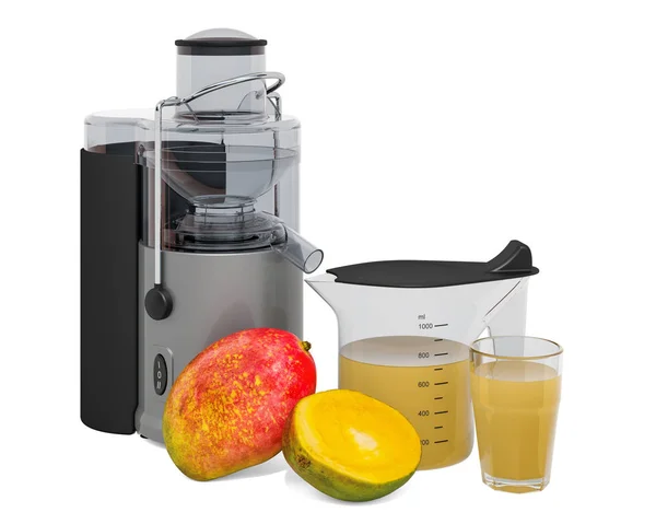Mango juice with electric juicer, 3D rendering — Stock Photo, Image