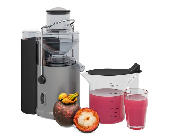 Mangosteen juice with electric juicer, 3D rendering — Stock Photo, Image