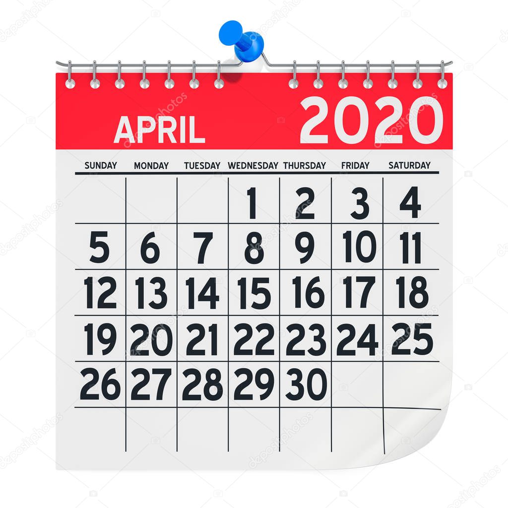April 2020 Monthly Wall Calendar, 3D rendering