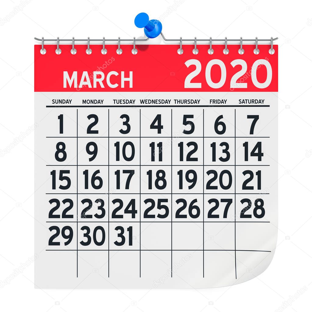 March 2020 Monthly Wall Calendar, 3D rendering