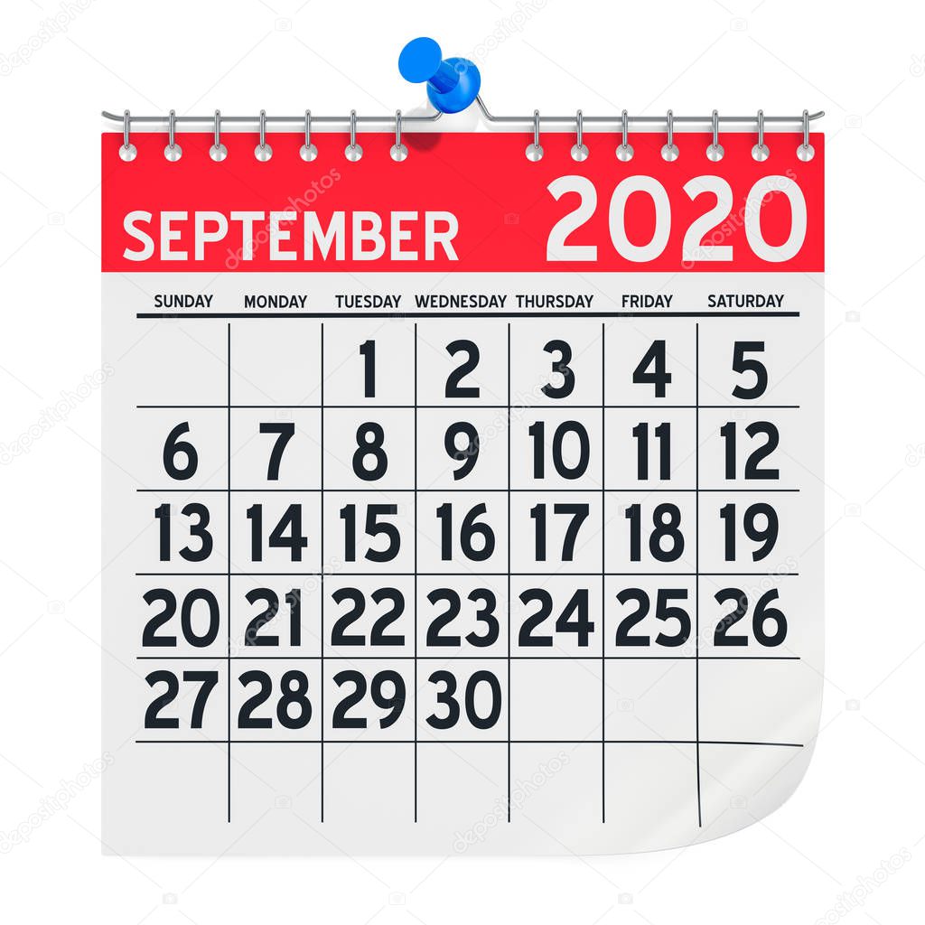 September 2020 Monthly Wall Calendar, 3D rendering